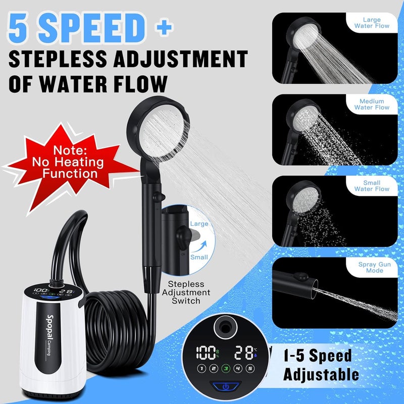 Spopal Portable Shower for Camping, [Upgraded] 10000mAh Rechargeable Camping Shower with 5 Adjustable Speeds,Premium LED Display, IPX8 Waterproof Outdoor Shower Kit for Hiking, Car, Pet, Travel - Image 3